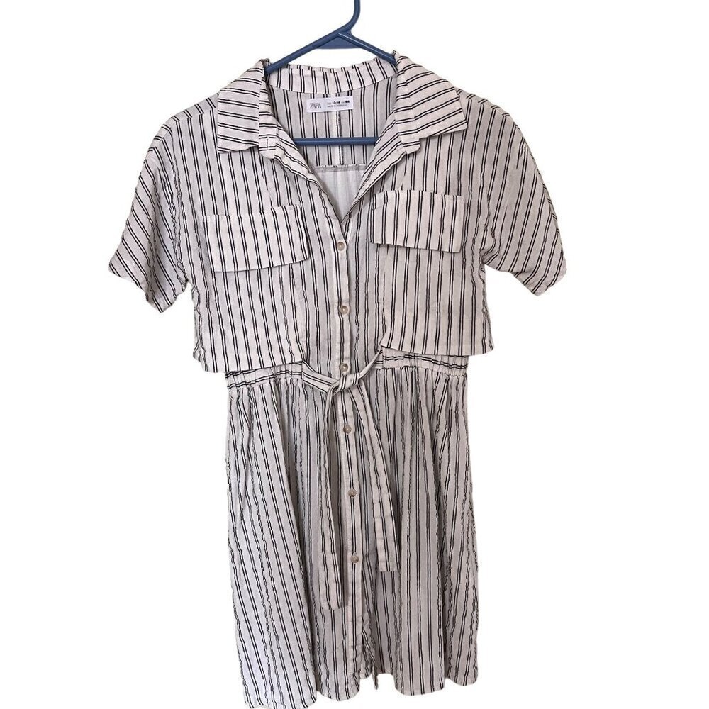 Zara‎ Girls Striped Button-Up Shirt Dress With Belt 13-14 Years